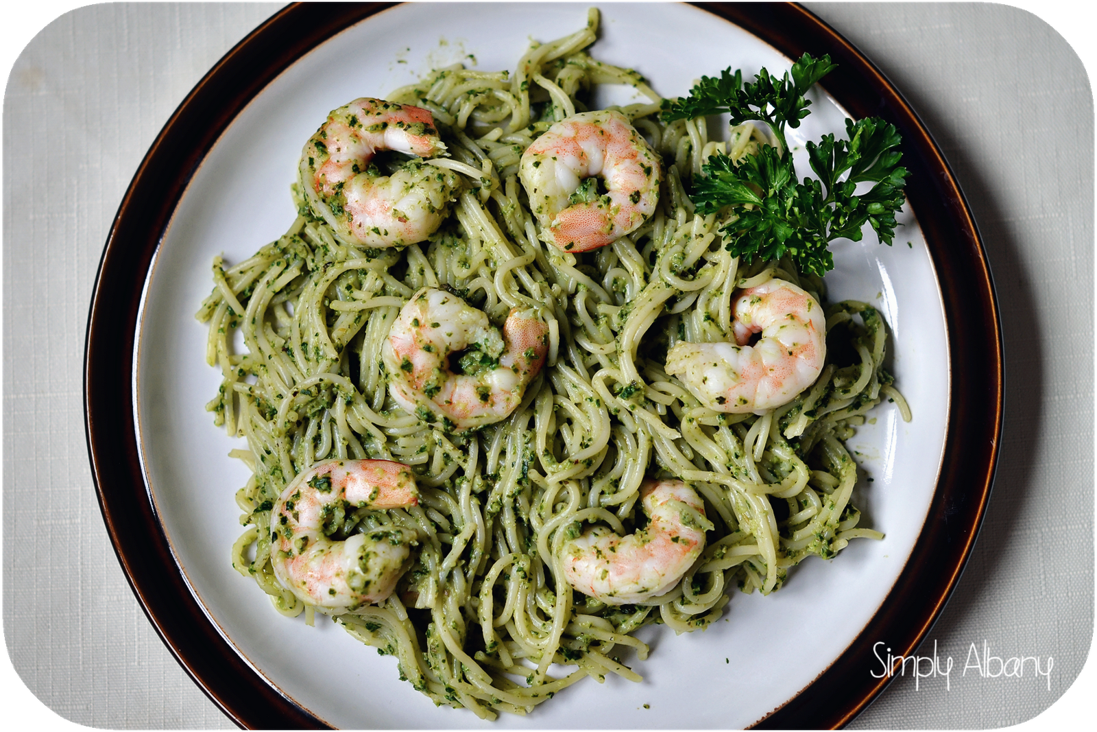 Simply Albany Spinach Pesto Pasta with Shrimp