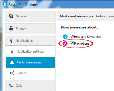 disable ads, help and promotions on Skype