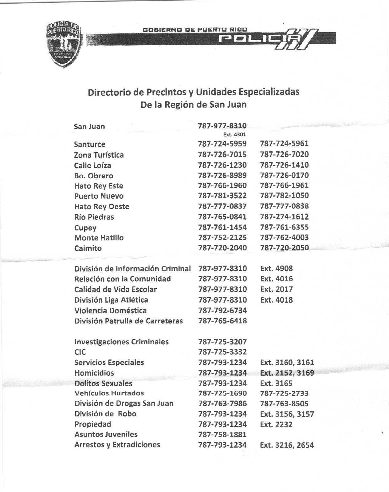 POLICIA HATO REY OESTE PUERTO RICO Directorio de Precintos y Unidades