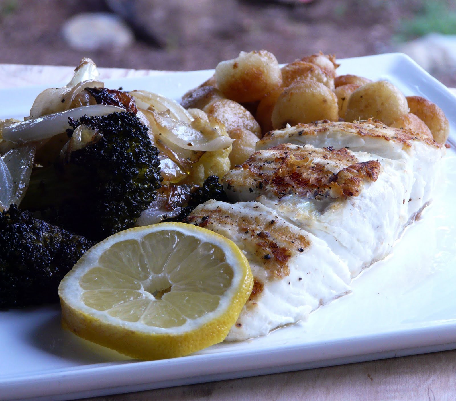 Thibeault's Table Grilled Halibut with Roasted Vegetables
