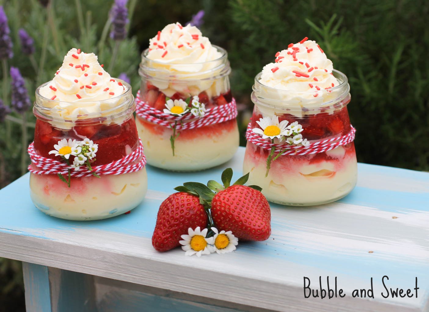 Bubble and Sweet Strawberry and Cream Cheesecakes in a Jar