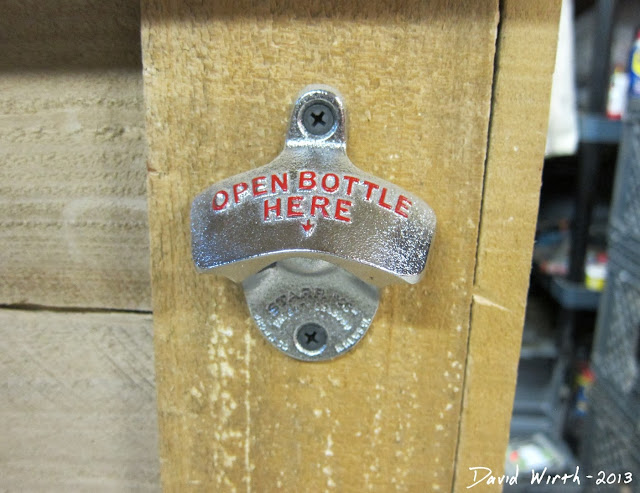 bottle opener, wood pallet cooler stand