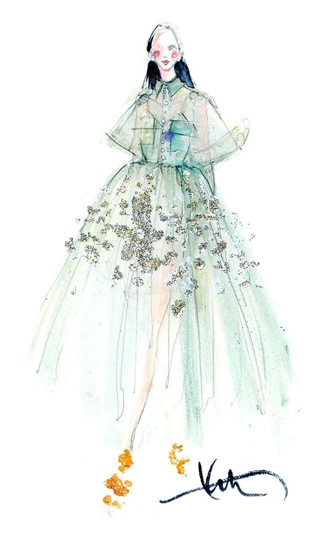 Ladies in Delpozo, Paper Fashion by Katie Rodgers Delpozo RTW Spring 2015 Mint Print Embroidered Bobbinet Tulle Dress