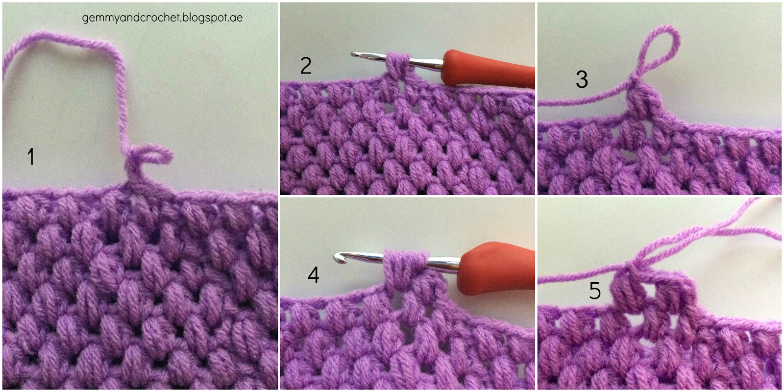 begin puff stitch by 2 chain and puff stitch. Chain one. Puff stitch ...