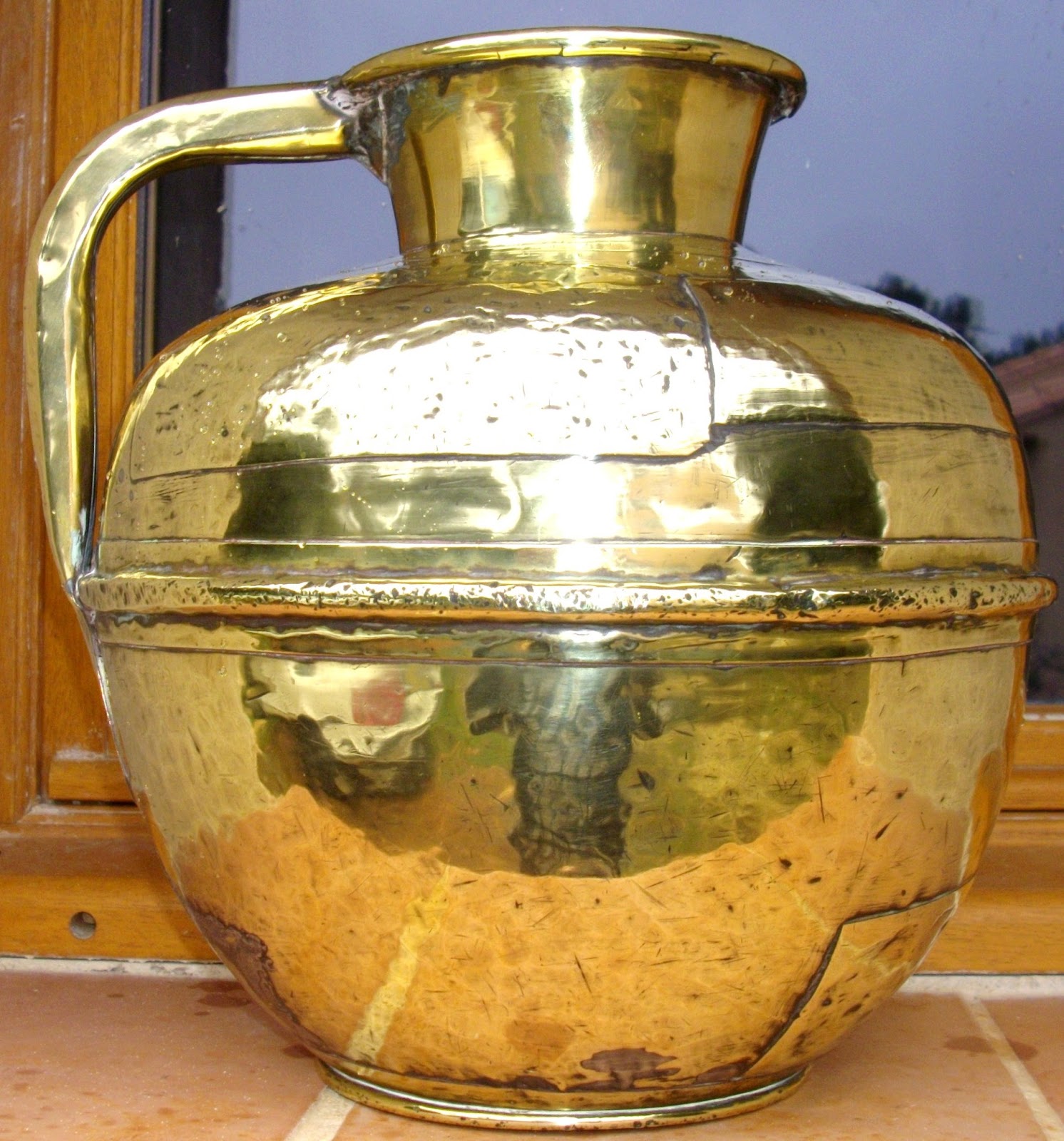 antique french copper rod milk brass ball brass HAMMERED milk pot with