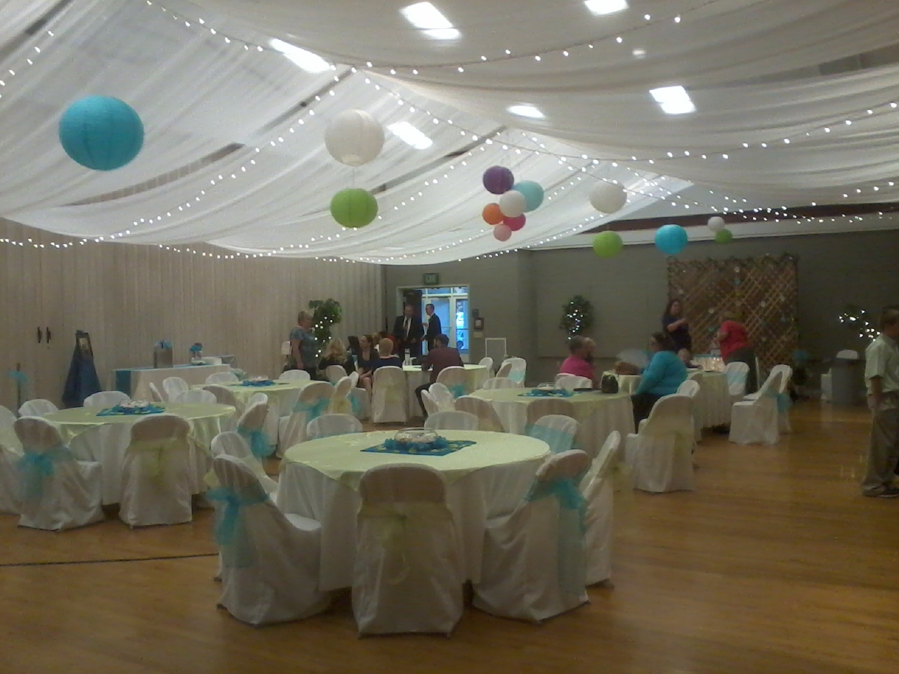 Creative Wedding And Party Decor Fabric Ceiling Before After Fabric Ceiling D With Lights And Colored Accent Decor Changes A Church Gym Or Al Hall Into An Awesome Wedding Venue