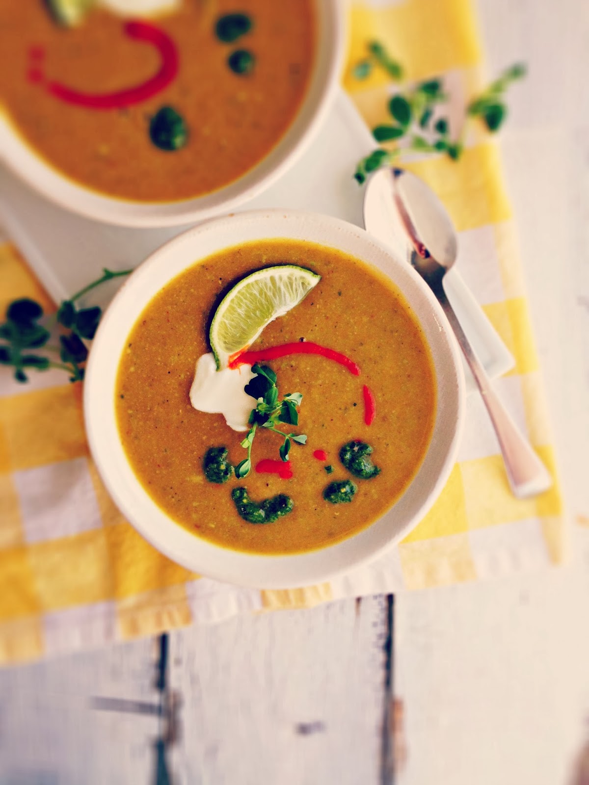 sweetsugarbean Curried Cauliflower & Lentil Soup with Winter Pesto