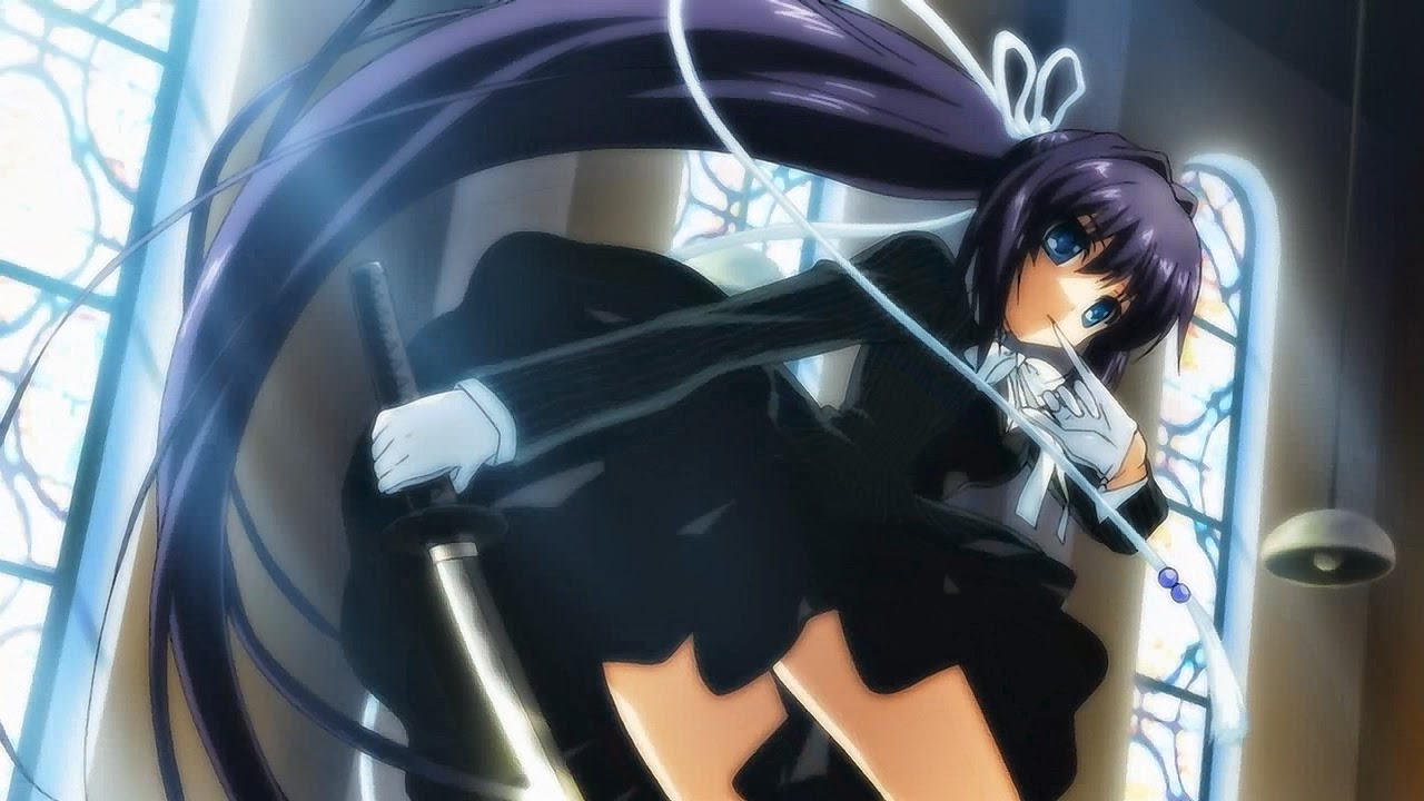 Visual Novel: Rewrite Konachan.com+-+143897+black_hair+blue_eyes+dress+gloves+jpeg_artifacts+katana+key+konohana_lucia+long_hair+ponytail+rewrite+ribbons+sword+weapon
