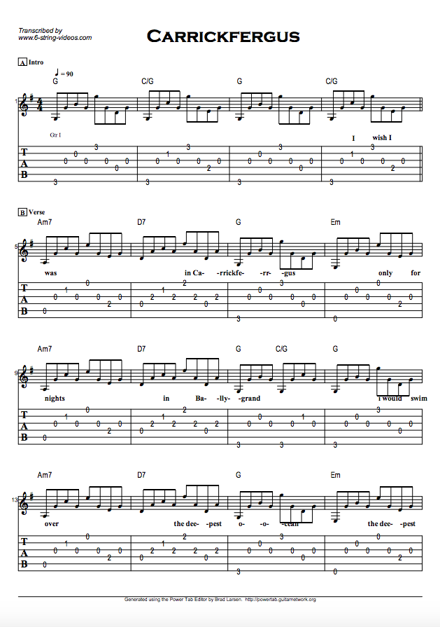Guitar Tabs Guitar Tabs And Song Sheet For Carrickfergus