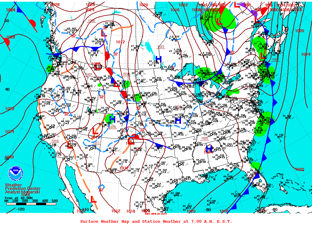 this map from noaa shows the wind speed and direction along with highs and lows of the day there is a cold front running through wisconsin in this map this map from noaa shows the wind speed and direction along with highs and lows of the day there is a cold front running through wisconsin in this map