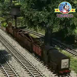 Thomas Percy and Diesel the tank engine stopped at the Island of Sodor water tower refill station