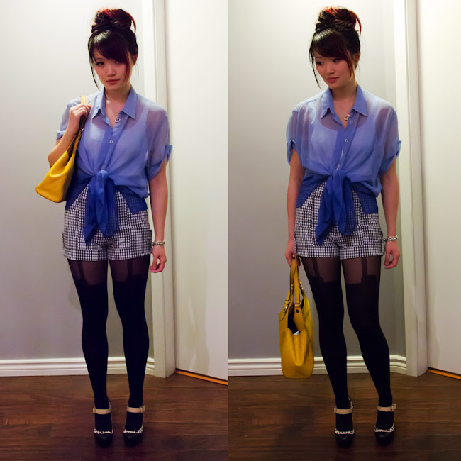 House of Holland Pretty Polly Mesh Super Suspender Tights from Asos, Suspeder Tights, Asos tights, Asos, House of Holland tights, Pretty Polly tights, Mesh suspender tights, blue umbre shirt from talize, tank top from aritzia, ginham shorts from forever 21, harajuku pumps from winners