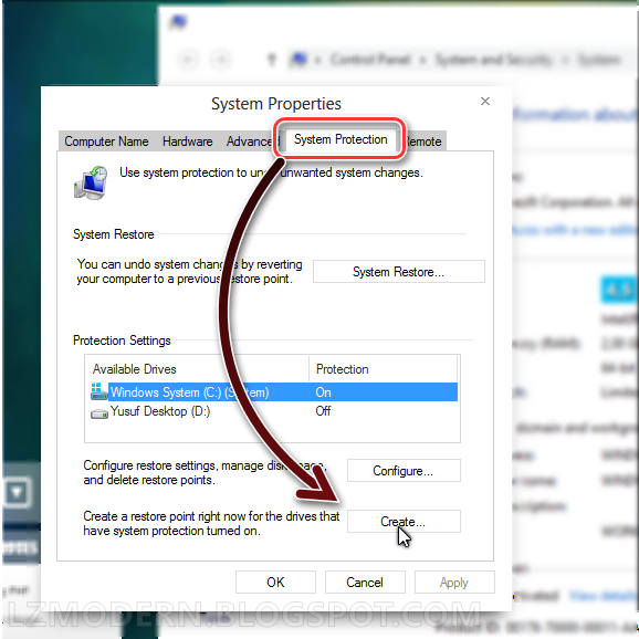 Buka tab System Protection lalu klik create Buka tab System Protection lalu klik create