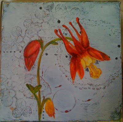 columbine and old lace, 5x5. mixed media painting