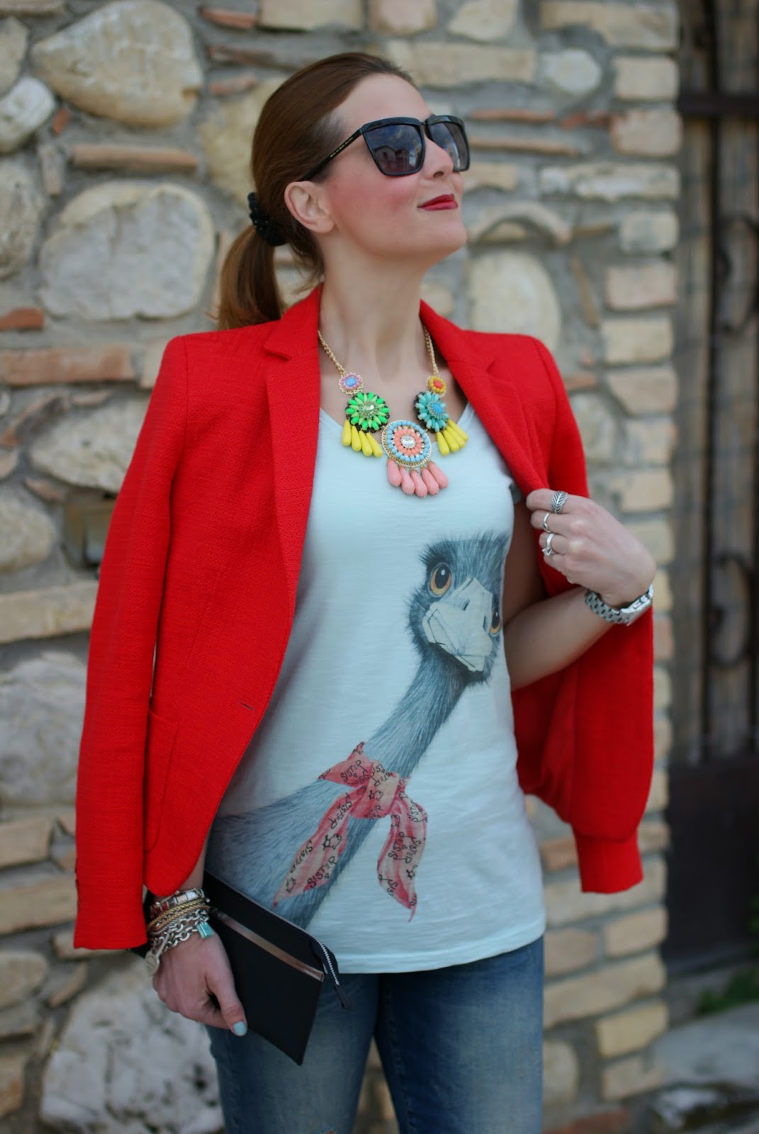 ostrich tee, sister & sister, zara blazer, today i'm me evening clutch, Fashion and Cookies, fashion blogger