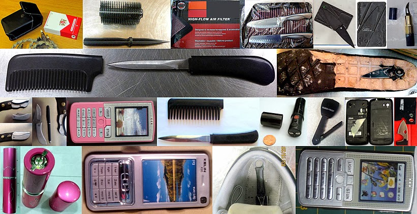 Left to Right / Top to Bottom: Cigarette Pack Stun Gun (MCO), Brush Dagger(OGG), Knives Concealed in Air Filter (IAH), Credit Card Knife (ABQ), Lipstick Knife (SAT), Comb Knife (DTW), Knife in Shoe (IAD), Belt Buckle Knife (EWR), Stun Gun Cell Phone (JAN), Comb Knife (CHS), Lip Stick Stun Gun (LAS), Key Knife (IAD), Razor Concealed in Cell Phone (TPA), Credit Card Knife (BWI), Lipstick Stun Gun (STL), Stun Gun Cell Phone (LAX), Knife in Shoe (SAN), Cell Phone Stun Gun (DEN) Left to Right / Top to Bottom: Cigarette Pack Stun Gun (MCO), Brush Dagger(OGG), Knives Concealed in Air Filter (IAH), Credit Card Knife (ABQ), Lipstick Knife (SAT), Comb Knife (DTW), Knife in Shoe (IAD), Belt Buckle Knife (EWR), Stun Gun Cell Phone (JAN), Comb Knife (CHS), Lip Stick Stun Gun (LAS), Key Knife (IAD), Razor Concealed in Cell Phone (TPA), Credit Card Knife (BWI), Lipstick Stun Gun (STL), Stun Gun Cell Phone (LAX), Knife in Shoe (SAN), Cell Phone Stun Gun (DEN)