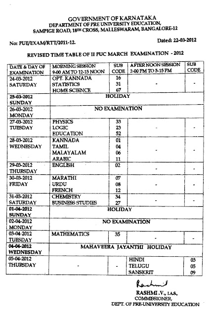 Revised Time Table for 2nd PUC Board Exams 2012