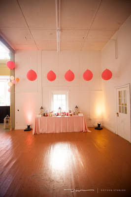 dessert bar with red balloons balloons hanging from ceiling, event design, wedding design, dessert bar design