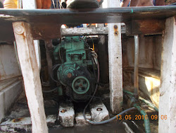 Inside the small boat with a view of its "Diesel Engine".