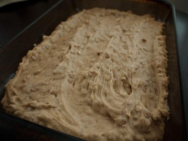 Oatmeal cake batter in baking pan