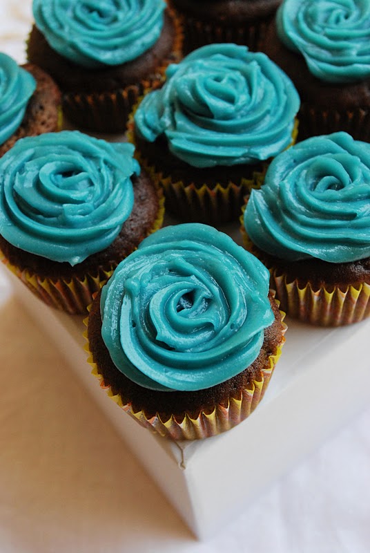 Red Panda Bakes: Mini Chocolate Cupcakes With Blue Vanilla Frosting