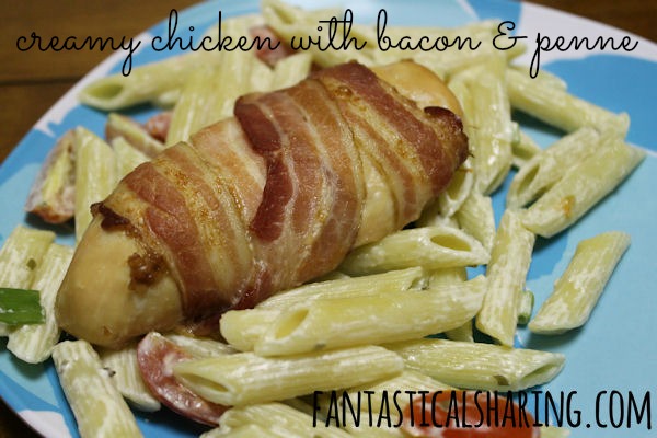 Creamy Chicken with Bacon & Penne | A pasta dish featuring a light cream cheese sauce, veggies, and bacon-wrapped chicken