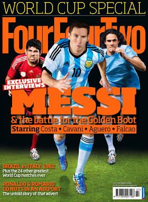 FourFourTwo UK July 2014 World Cup Special Lionel Messi and the battle for the Golden Boot staring Diego Costa, Edinson Cavani, Sergio Aguero and Radamel Falcao in 2014 FIFA World Cup Brazil