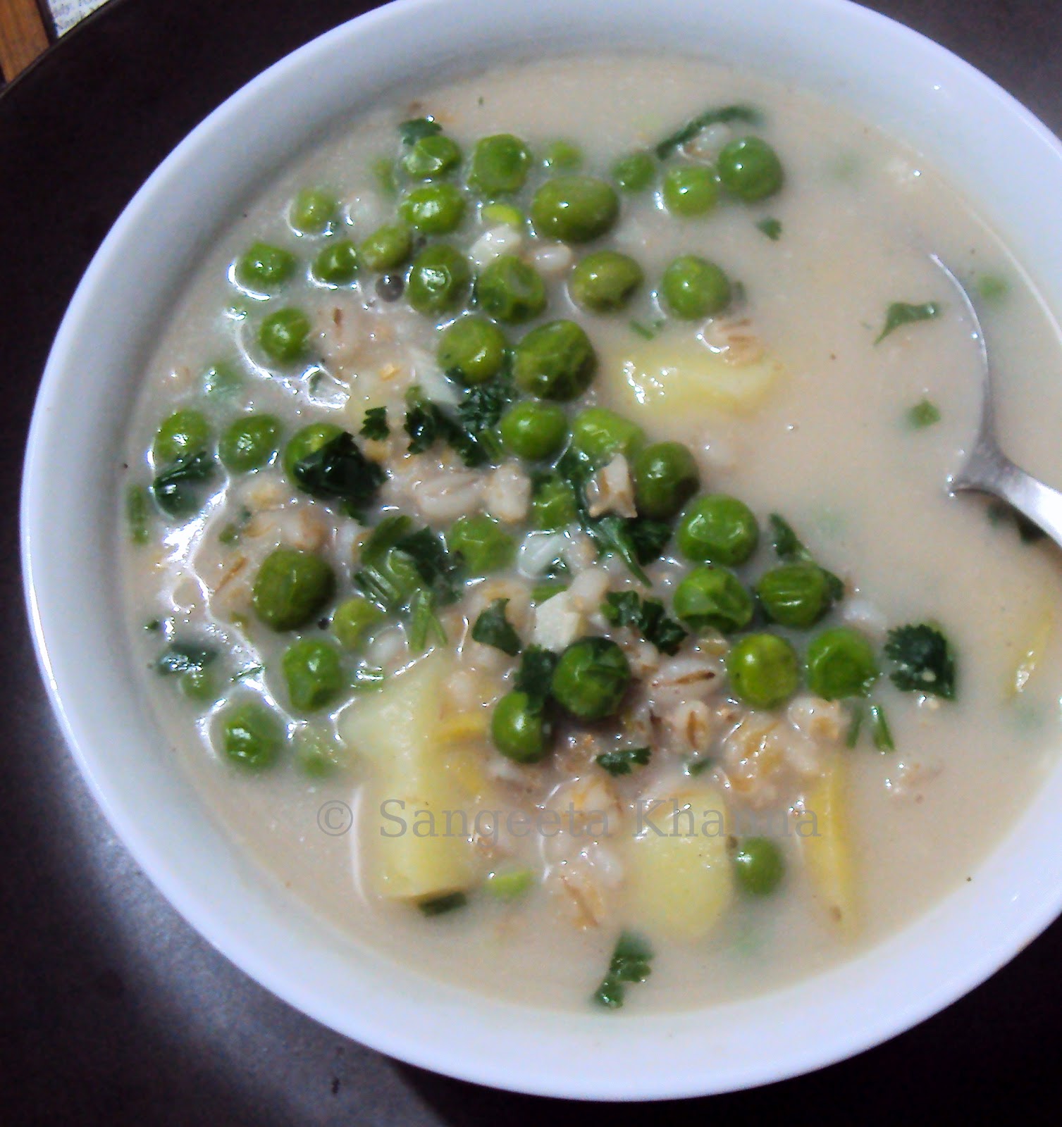 pearl barley and green peas soup in a coconut milk broth...