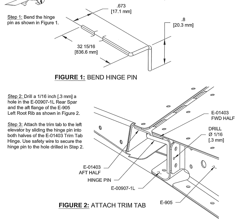 E's Van's RV14A Empennage Elevators. Trim tab piano hinge wire bent