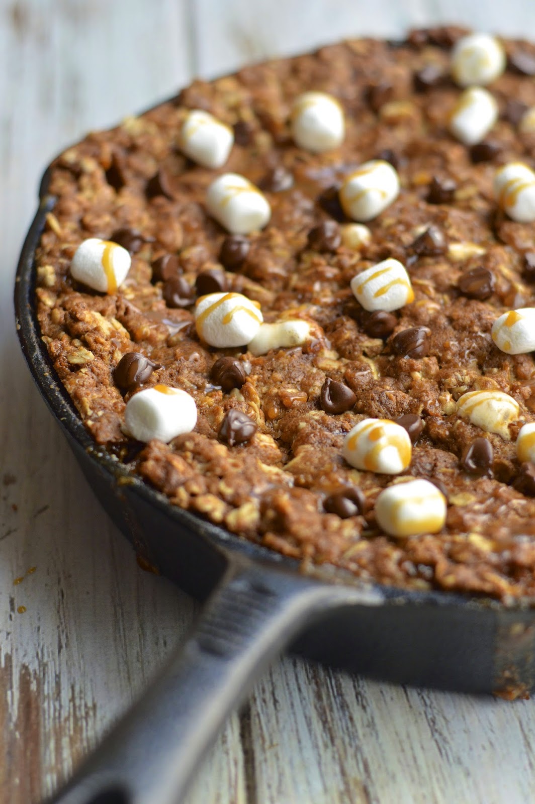 Oatmeal Caramel Skillet Cookie with Marshmallow and Chocolate {Gluten