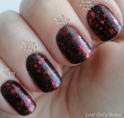 deborah lippmann red ruby slippers and spoiled ants in my pants comparison and swatches