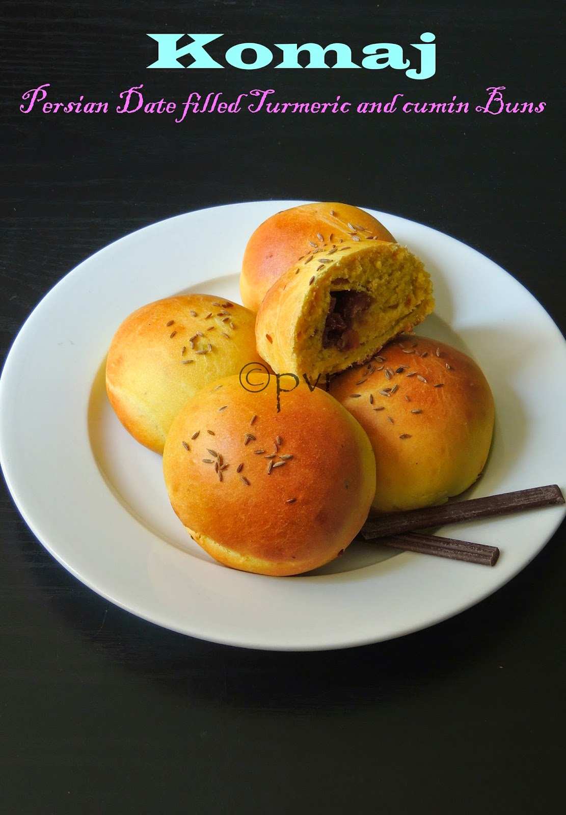 Priya's Versatile Recipes Komaj Eggless Persian Date Filled Turmeric and Cumin Buns