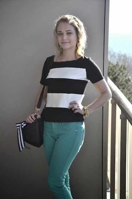 black and white stripes, black and white, william rast, green jeans, spring jeans, express top, express sale, the bay, steve madden bag, 