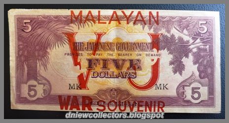 Malaya Japanese Occupation $5 Propaganda "VJ" Error Notes.