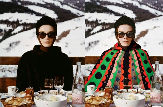Photographer Bobby Doherty inserted items from the season's runways into stills from iconic movies. Here is Audrey Hepburn in Charade, 1963. Valentino 2014 AW Xmas Circular Print Leather Cape