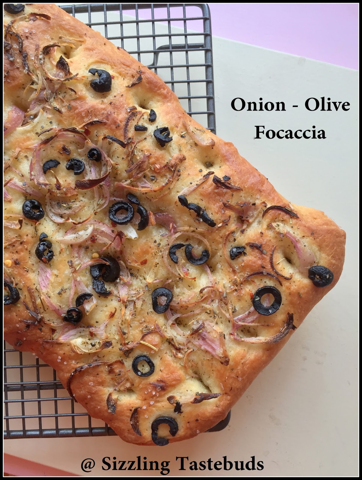 Sizzling Tastebuds Onion Olive Focaccia Topped With Sea Salt