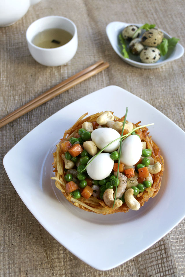 Adora's Box QUAIL EGGS AND MIXED VEGETABLES ON POTATO NEST