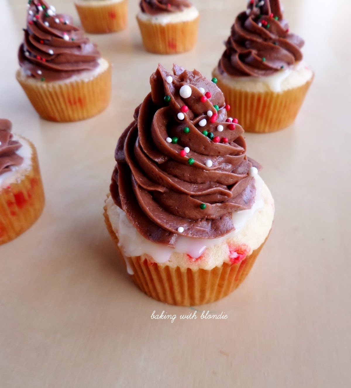 Peppermint Cupcakes with White Chocolate Ganache and Chocolate Mousse