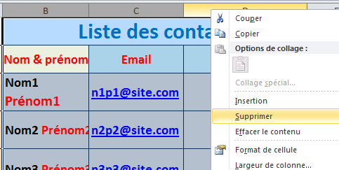 Supprimer colonnes adjacentes Supprimer colonnes adjacentes