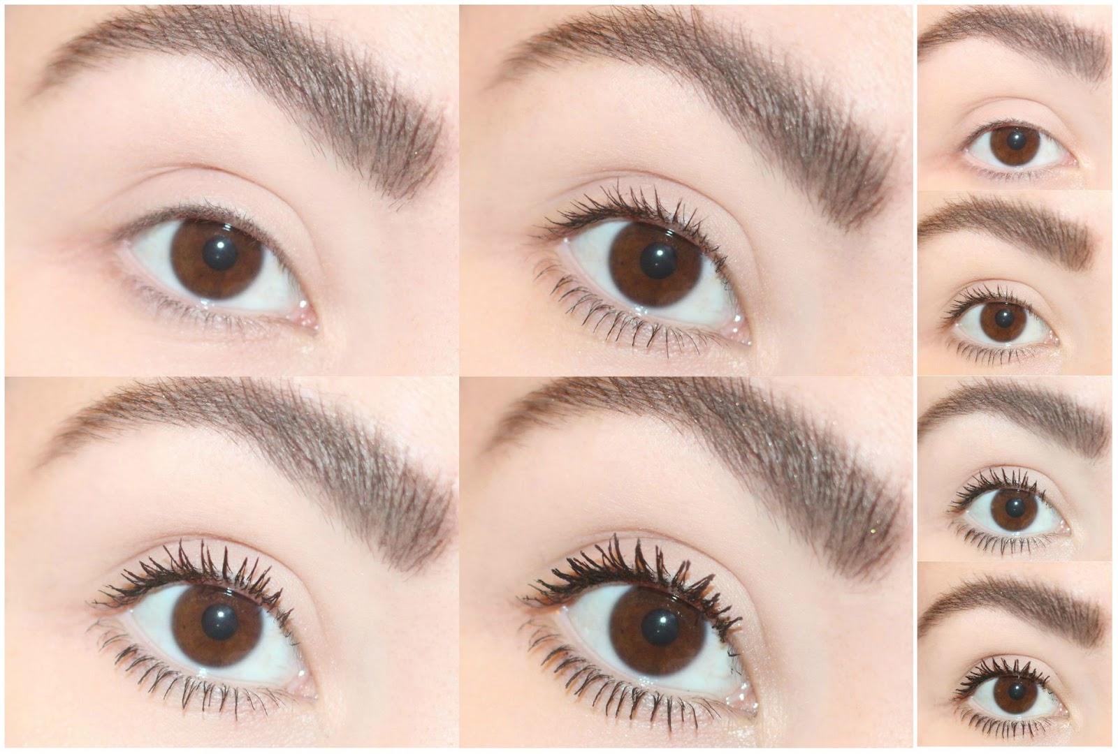 Hình ảnh mô tả sự khác biệt giữa lông mi trước và sau khi sử dụng 5 loại mascara khác nhau. Bài viết giúp bạn chọn mascara phù hợp để tạo độ dày và dài mà không bị vón cục.