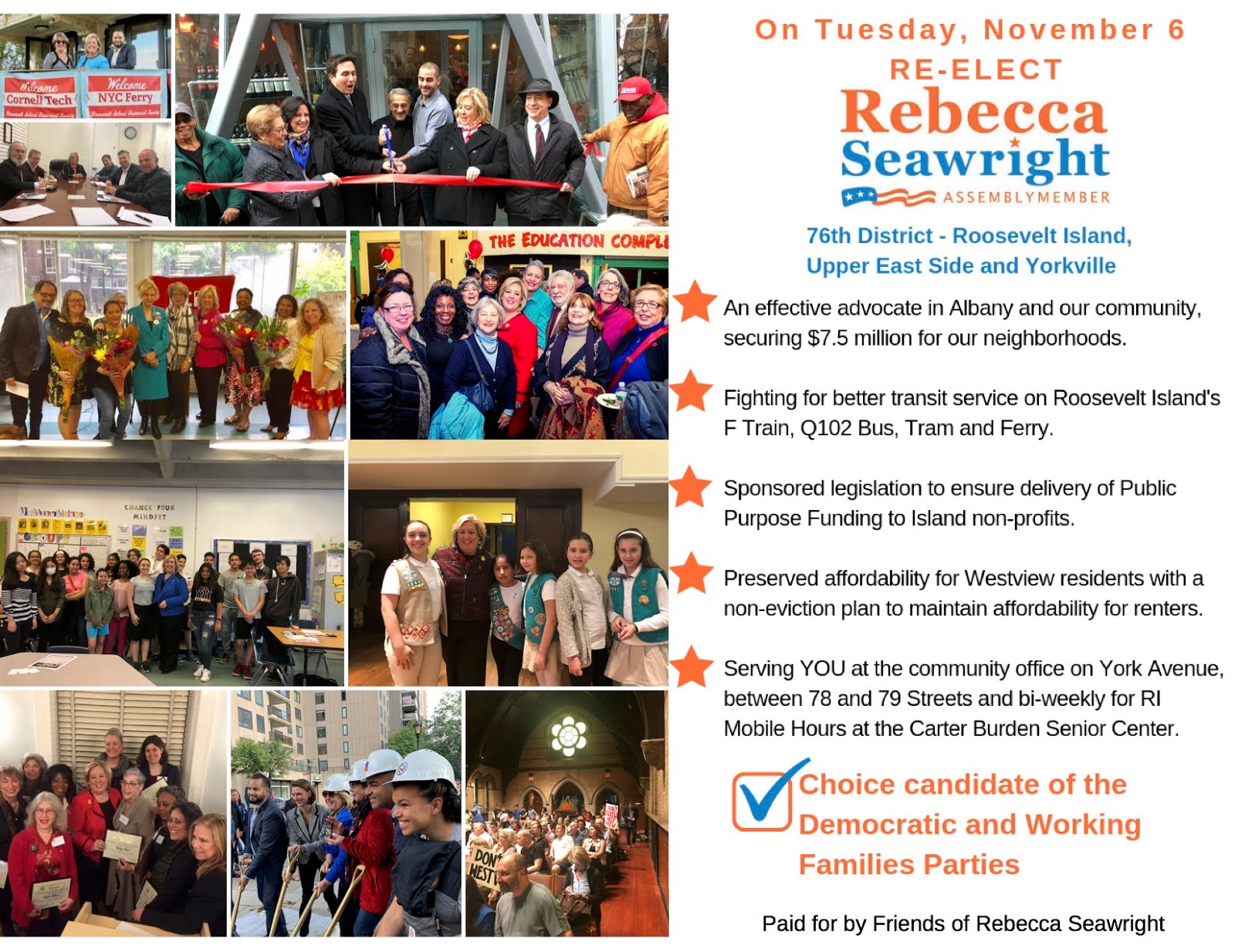 Tuesday November 6 Re-Elect Rebecca Seawright Assembly Member 76th District