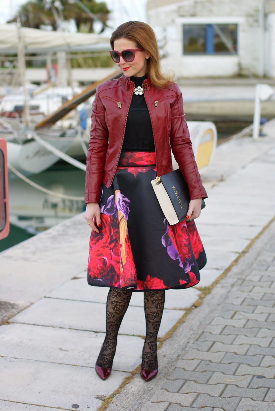 full flower print midi skirt, red leather jacket, Calzedonia crochet tights, Moschino notes bag, Fashion and Cookies, fashion blogger