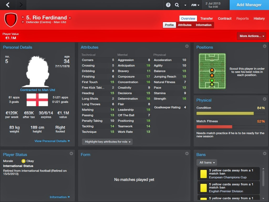 Football Manager Player Profiles Rio Ferdinand Football Manager 2014