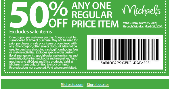 Michael's 50% off 1 regular item (Printable coupon) Ends July 14 