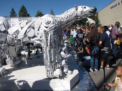 polar bear sculpture made from recycled junk