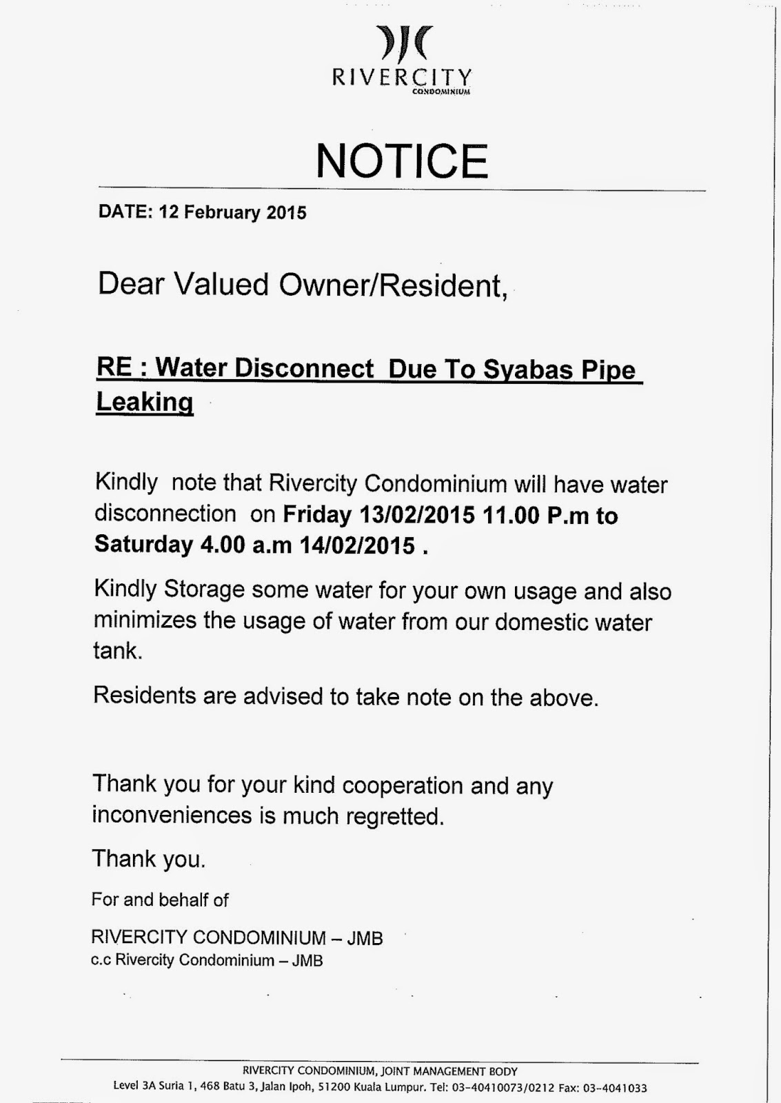 MyRiverCity Water Disconnect due to SYABAS pipe Leaking