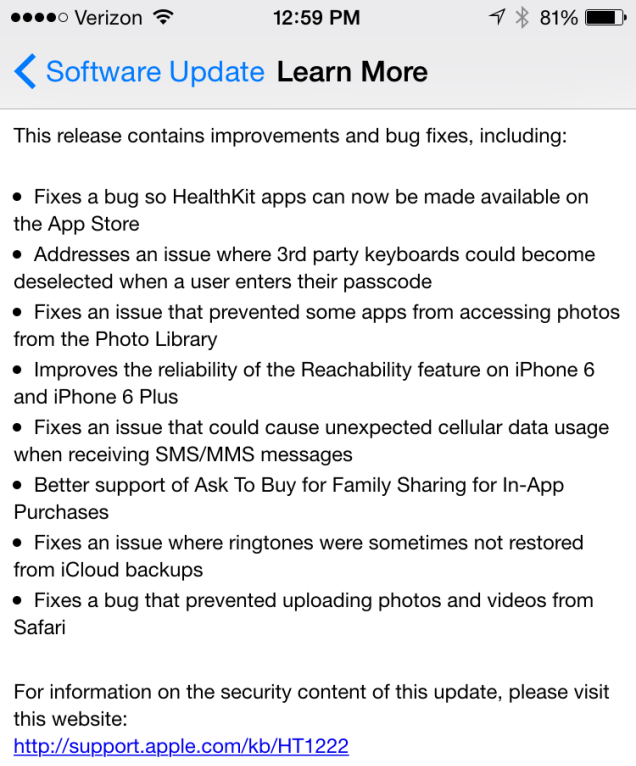 Apple iOS 8.0.1 (12A402) Firmware Features and Changes Apple iOS 8.0.1 (12A402) Firmware Features and Changes