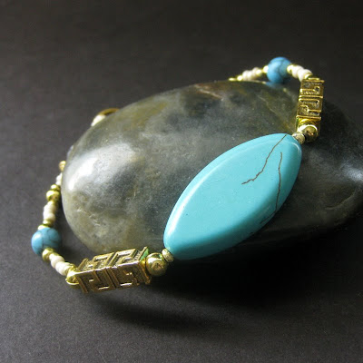 Beaded Turquoise Gemstone Bracelet in Gold. Aztec Priestess