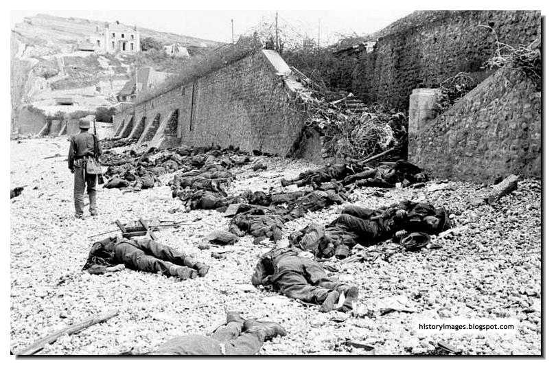 Dead bodies of allied soldiers strewn on the beach