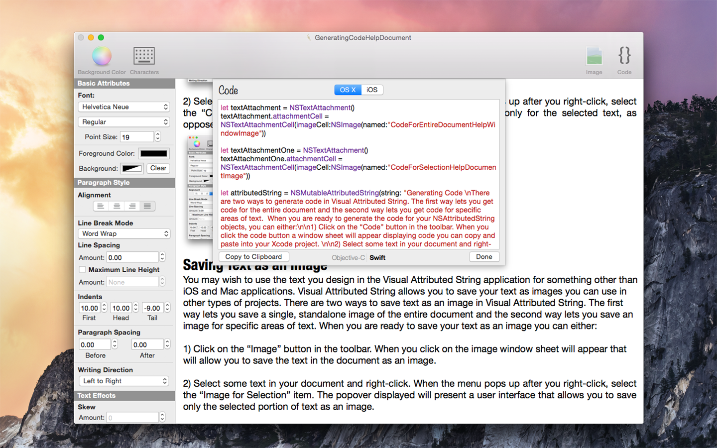 Visual Attributed String code for document screenshot in Swift.